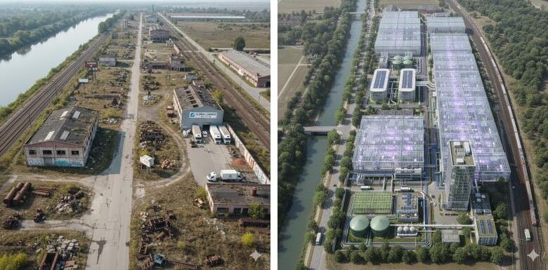 Figure 1: an underused industrial brownfield site today. Figure 2: concept illustration of a CEA ecosystem on the same category of site.